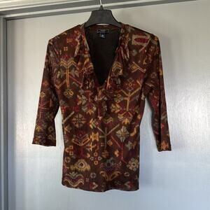 Chaps Women's Pullover Top Brown Aztec V-Neck Ruffles 3/4 Sleeves Mesh sz L